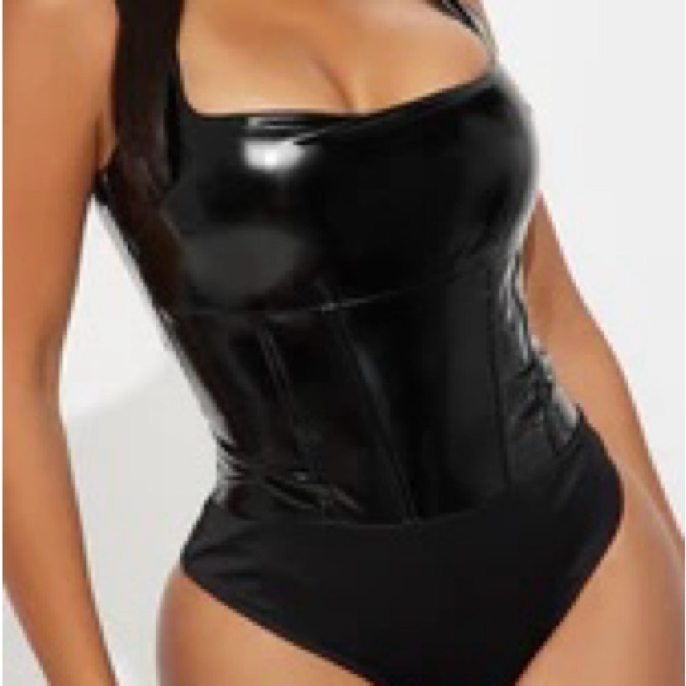 Black Corset Faux Leather Bodysuit
